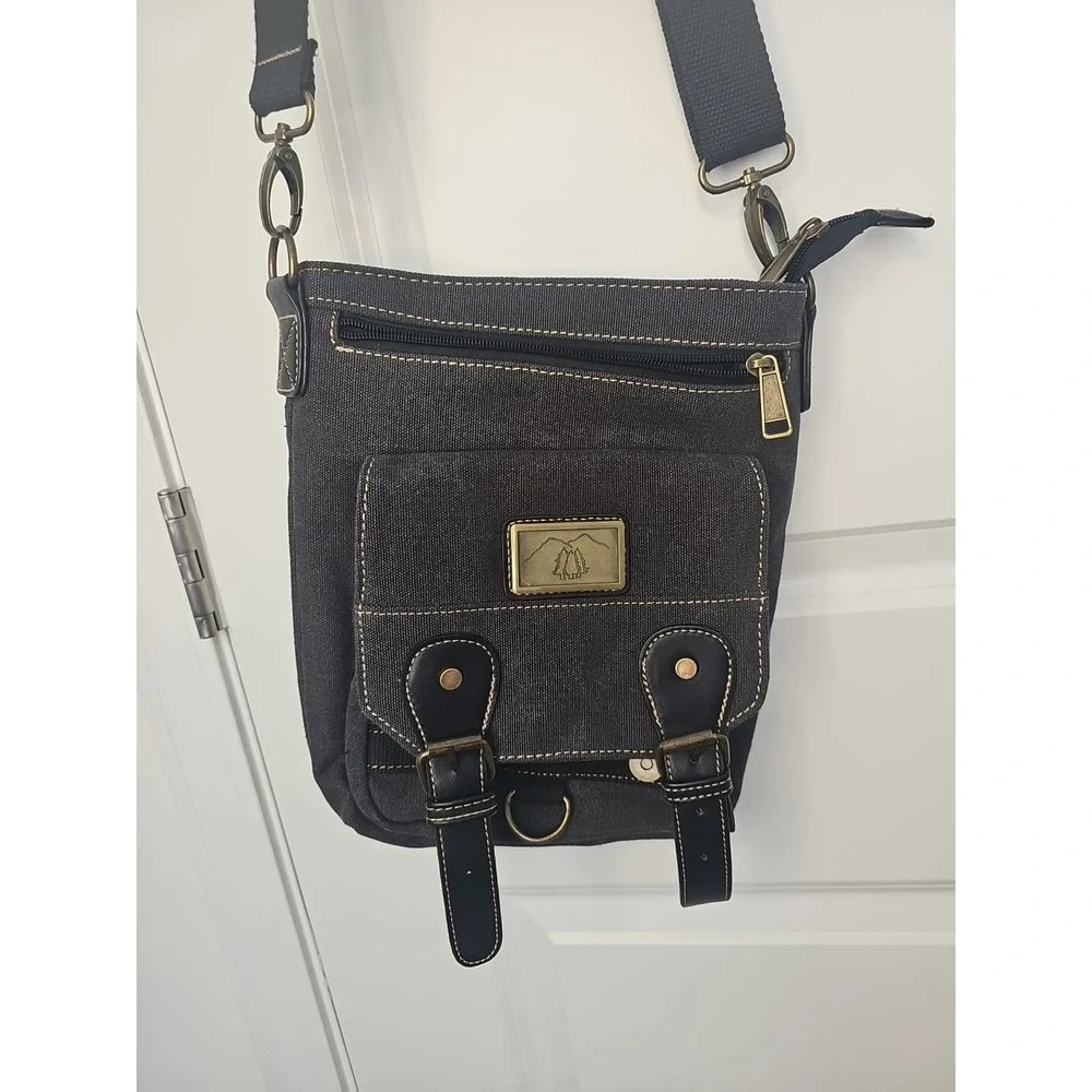 Prarie Schooner Unisex Crossbody Bag Black Canvas Heavy Duty‎ Multi Pocket